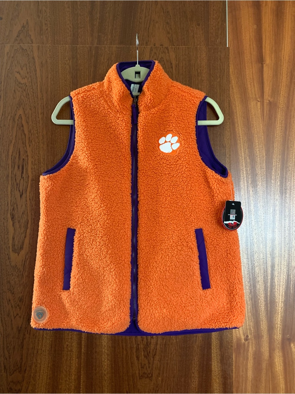 Clemson Tigers Women’s Reversible Vest Orange Sherpa Vest with Purple Trim